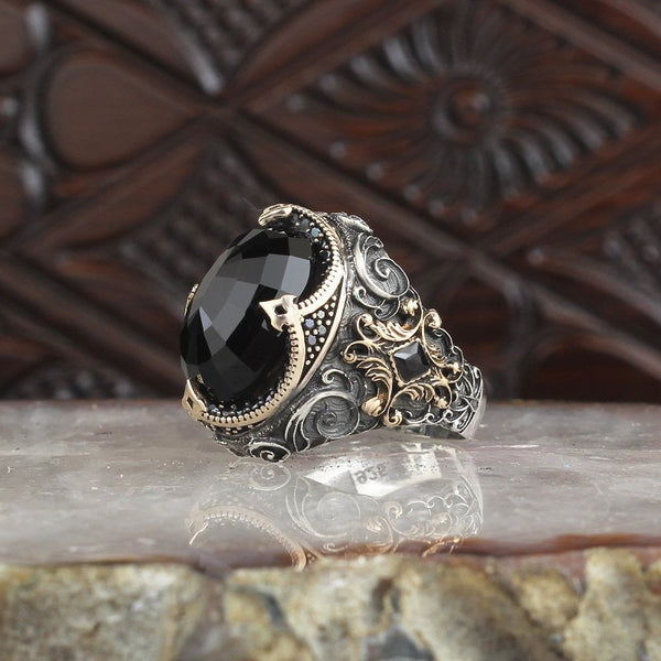 HANDMADE BLACK ZIRCONIA STERLING SILVER TURKISH RING FOR MEN