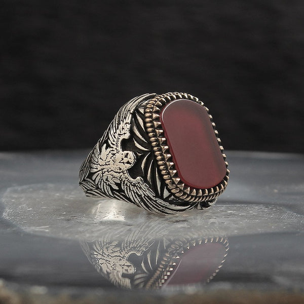 HANDMADE AGATE STERLING SILVER TURKISH EAGLE RING FOR MEN