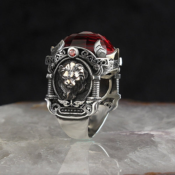 HANDMADE STERLING RED ZIRCONIA TURKISH LION RING FOR MEN