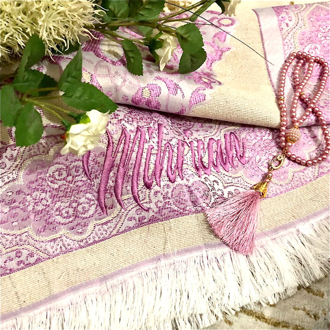 Prayer Mat With Name Personalized Prayer Rug Tasbeh Set