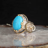 HANDMADE TURQUOISE STONE LION SILVER TURKISH RING FOR MEN