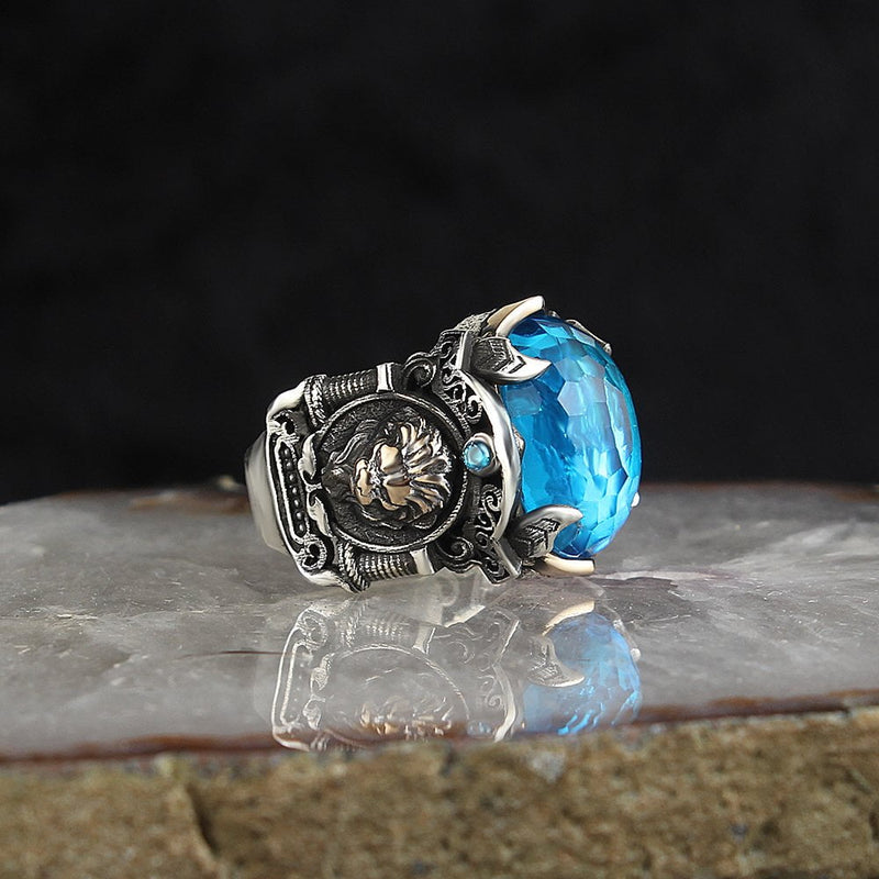 HAND CRAFTED STERLING LION ZIRCON TURKISH RING FOR MEN
