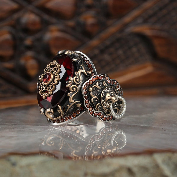 VINTAGE HAND CRAFTED RED LION TURKISH STERLING SILVER RING FOR MEN