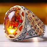 HANDMADE STERLING AMBER TURKISH RING FOR MEN