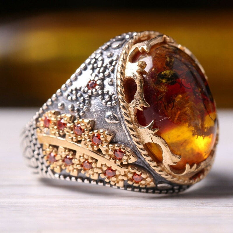 HANDMADE STERLING AMBER TURKISH RING FOR MEN