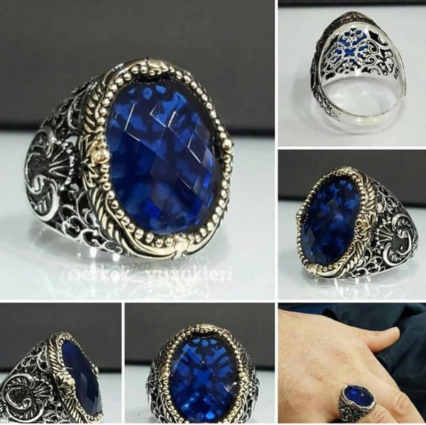 HANDMADE STERLING SILVER SAPPHIRE TURKISH RING FOR MEN