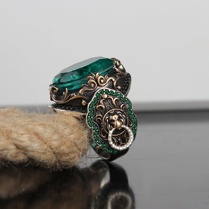 VINTAGE GREEN PARAIBA LION TURKISH STERLING SILVER RING FOR MEN