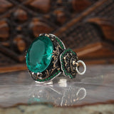 VINTAGE GREEN PARAIBA LION TURKISH STERLING SILVER RING FOR MEN