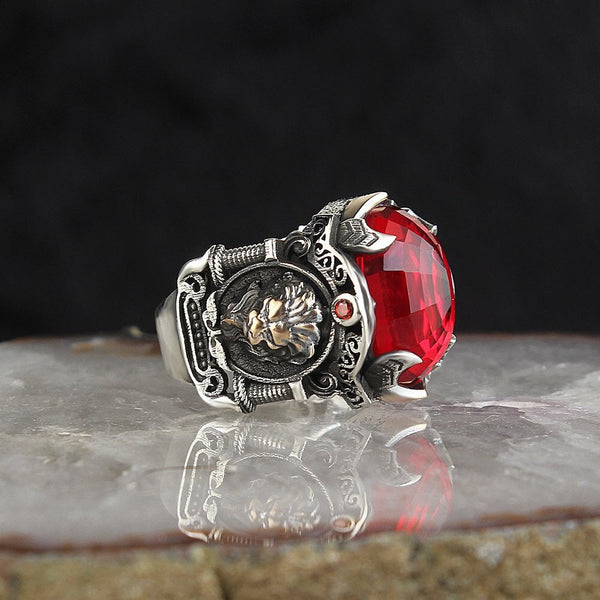 HANDMADE STERLING RED ZIRCONIA TURKISH LION RING FOR MEN