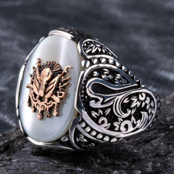 HAND CRAFTED OTTOMAN COAT OF ARMS PEARL WHITE TURKISH RING FOR MEN