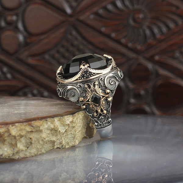 HANDMADE BLACK ZIRCONIA STERLING SILVER TURKISH RING FOR MEN