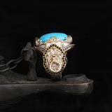 Lapping Plated Turquoise Stone Lion With Icon Silver Turkish Men's Ring