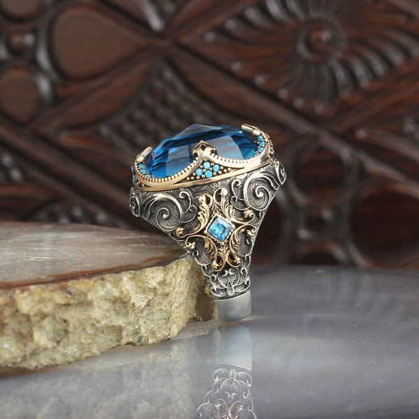 HAND CRAFTED STERLING BLUE TOPAZ TURKISH RING FOR MEN 2