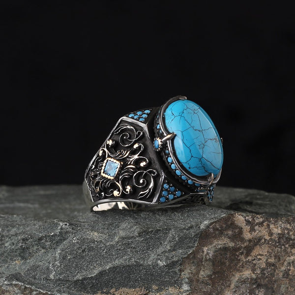 Ottoman Crested SIlver & Turquoise Mens Ring