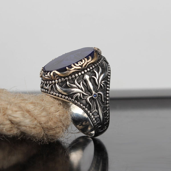 HANDMADE SILVER LAPIS SWORDSMAN TURKISH RING FOR MEN