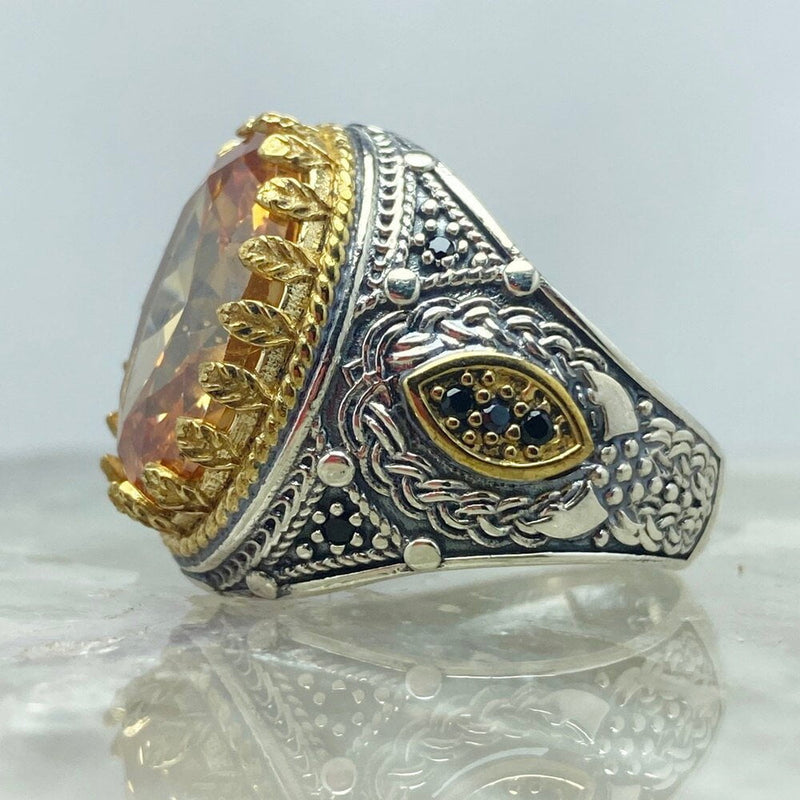 HANDMADE STERLING SILVER CITRINE TURKISH RING FOR MEN