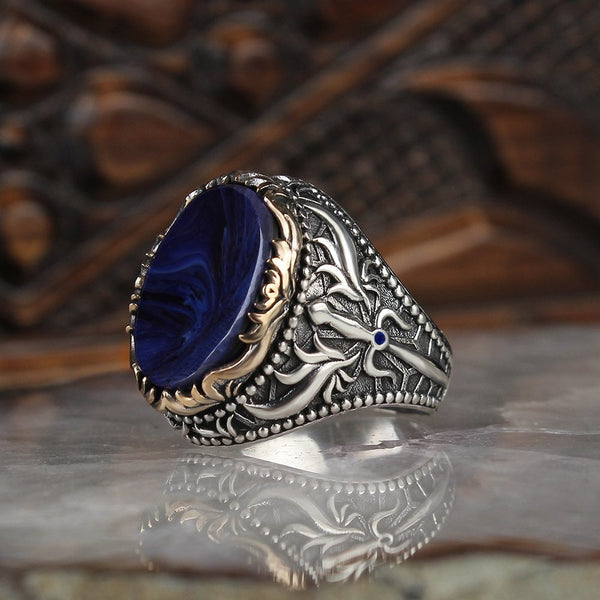 HANDMADE SILVER LAPIS SWORDSMAN TURKISH RING FOR MEN