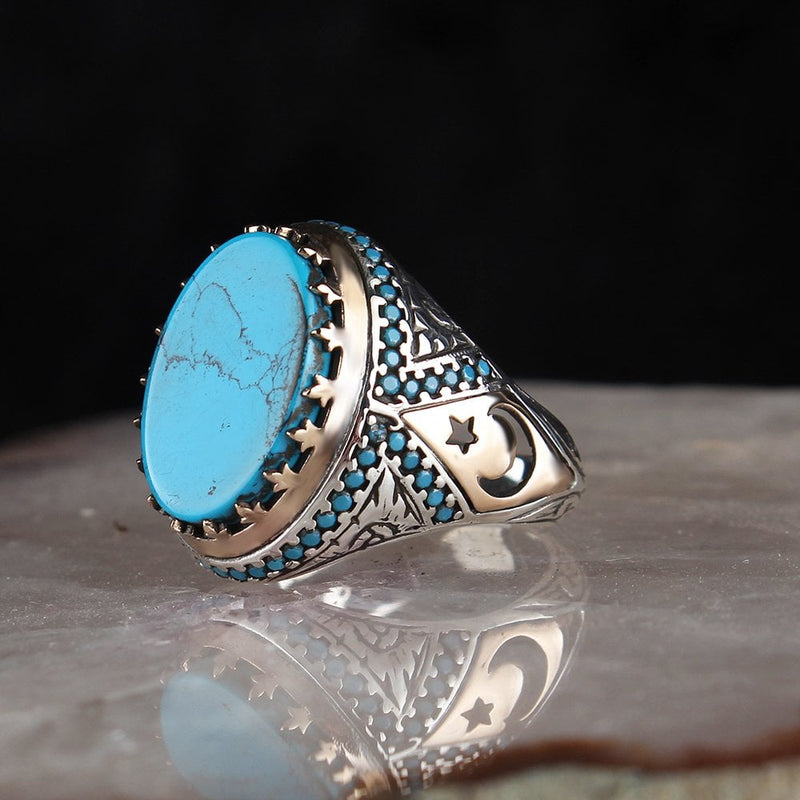 HAND CRAFTED STERLING TURQUOISE TURKISH RING FOR MEN