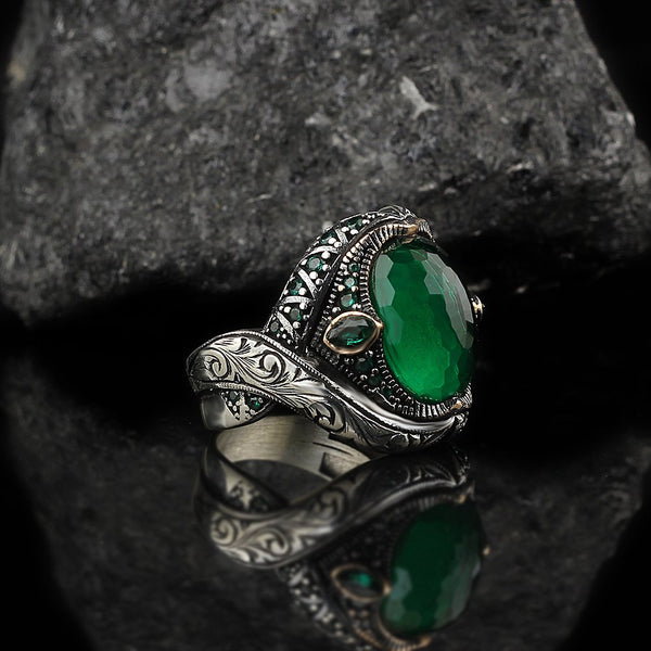 Green Turkish Zirconia Men's Silver Ring