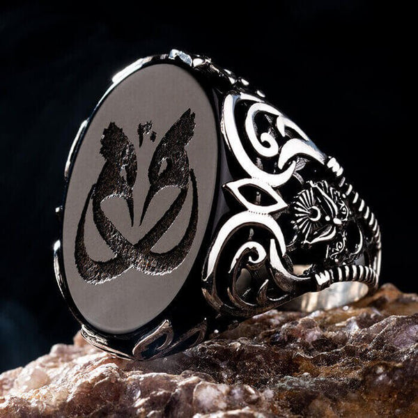 SULTAN'S ABULHAMID BLACK ONYX OTTOMAN COAT OF ARMS RING FOR MEN