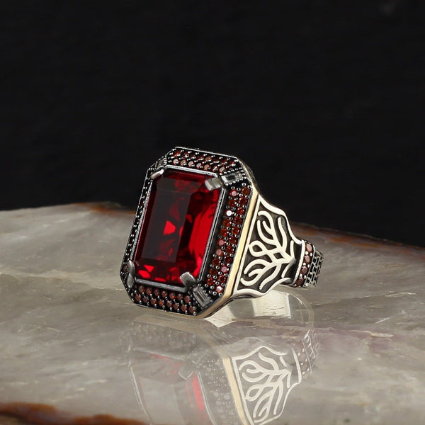 HANDMADE STERLING SILVER RED ZIRCON TURKISH RING FOR MEN