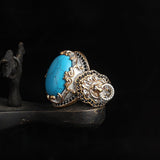 HANDMADE TURQUOISE STONE LION SILVER TURKISH RING FOR MEN