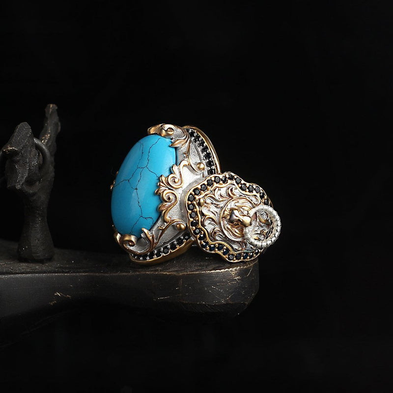 Lapping Plated Turquoise Stone Lion With Icon Silver Turkish Men's Ring