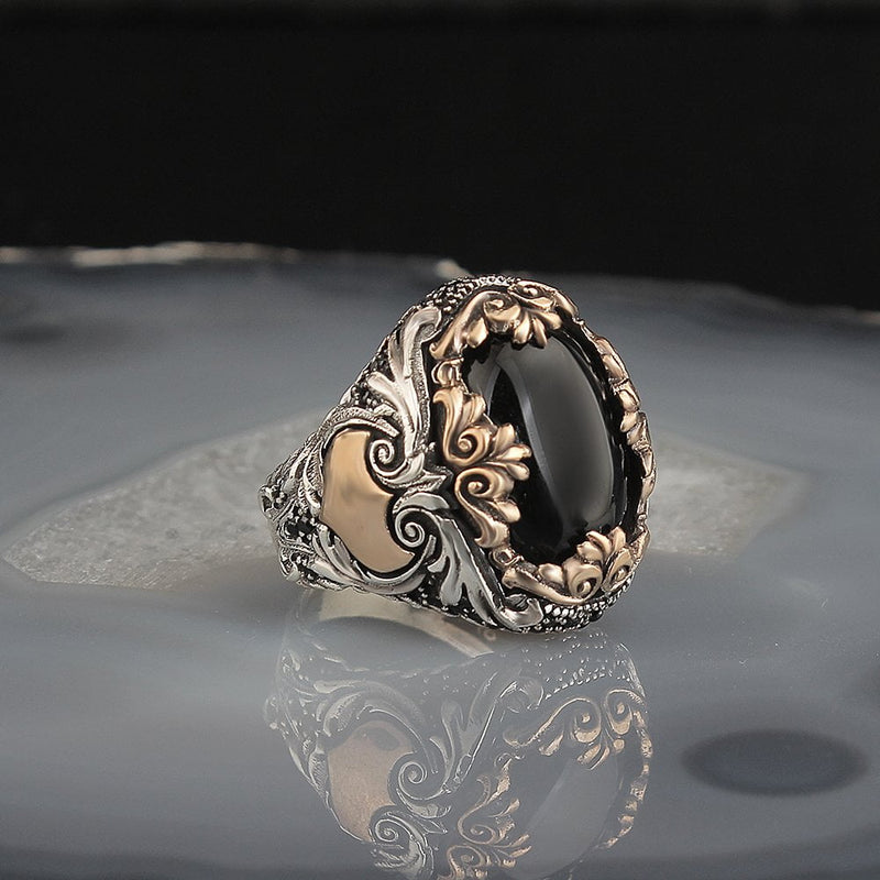 HAND CRAFTED STERLING ONYX TURKISH RING FOR MEN