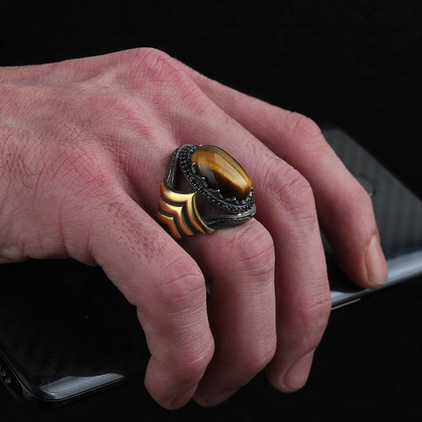 LAPPING PLATED TIGER EYE STONE TURKISH MEN'S RING