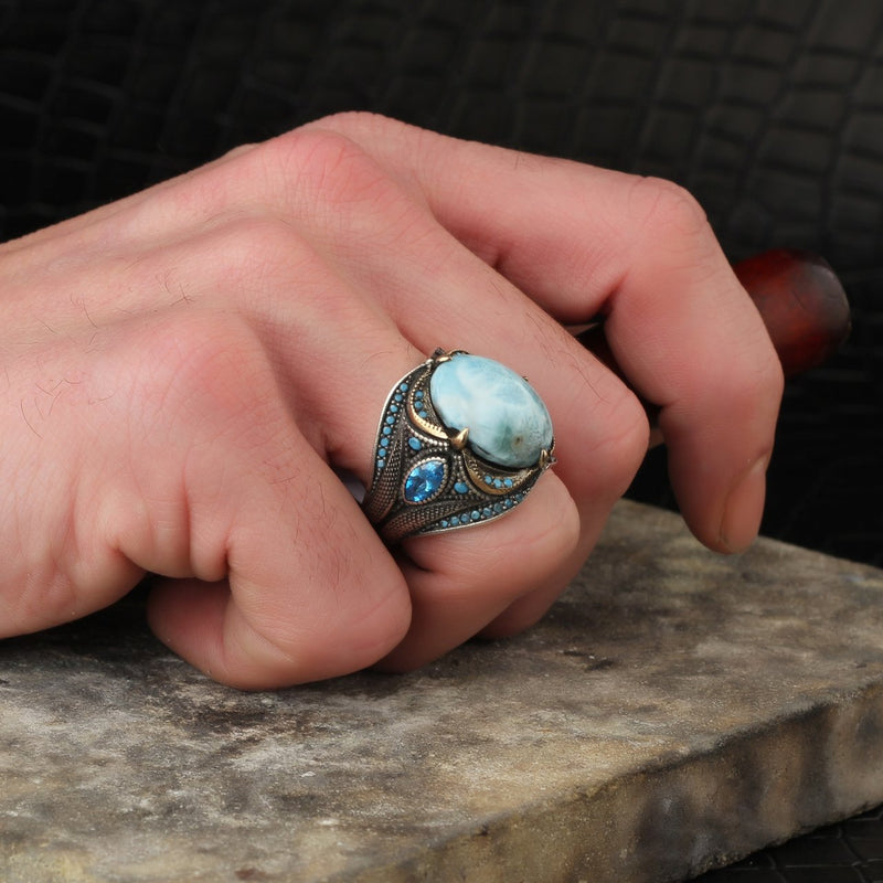 Sterling Silver Larimar Ring For Men