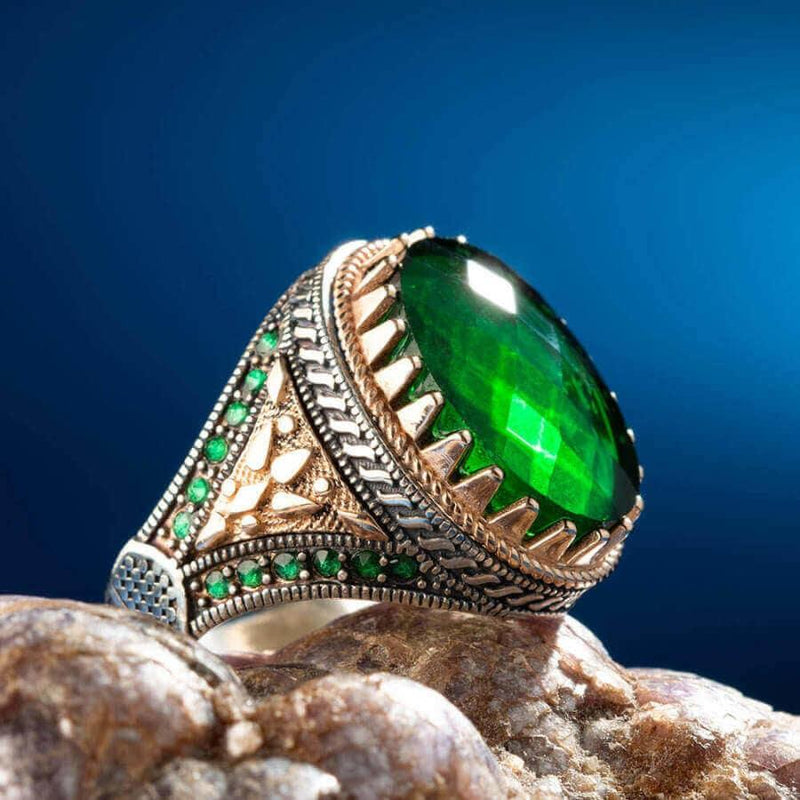 HANDMADE STERLING GREEN ZIRCONIA TURKISH RING FOR MEN