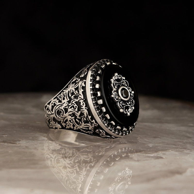 HAND CRAFTED STERLING ONYX TURKISH RING FOR MEN