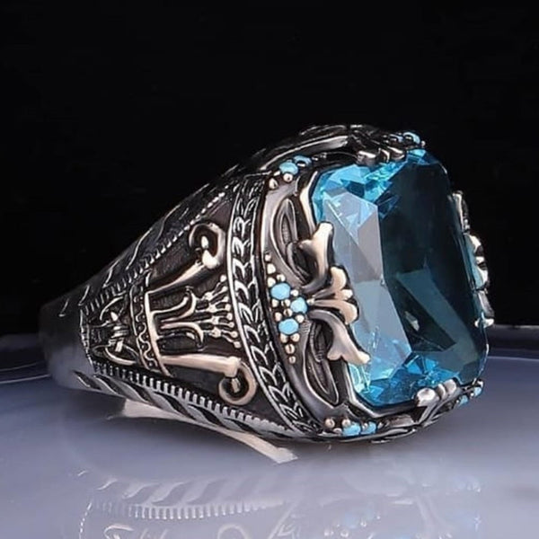 HANDMADE STERLING AQUAMARINE TURKISH RING FOR MEN