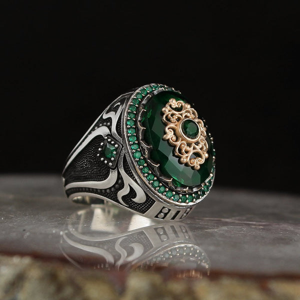 HANDMADE GREEN ZIRCONIA STERLING SILVER TURKISH RING FOR MEN