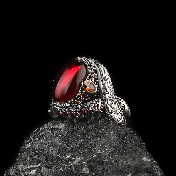 HANDMADE STERLING SILVER RED ZIRCON TURKISH RING FOR MEN