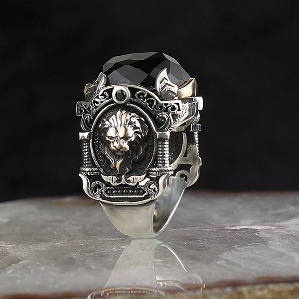 HANDMADE STERLING SILVER BLACK LION TURKISH RING FOR MEN