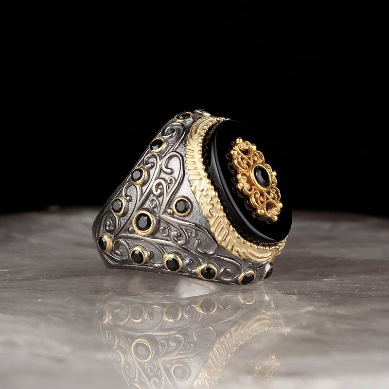 HANDMADE LAPPING PLATED ONYX TURKISH RING FOR MEN