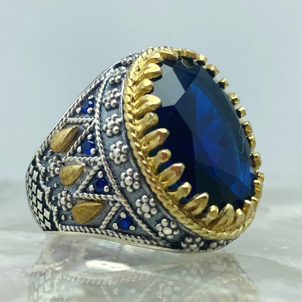 HANDMADE SAPPHIRE STERLING SILVER TURKISH RING FOR MEN