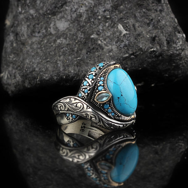 Engraved Turkish Turquoise Ring for Men