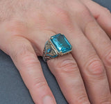 HANDMADE STERLING AQUAMARINE TURKISH RING FOR MEN