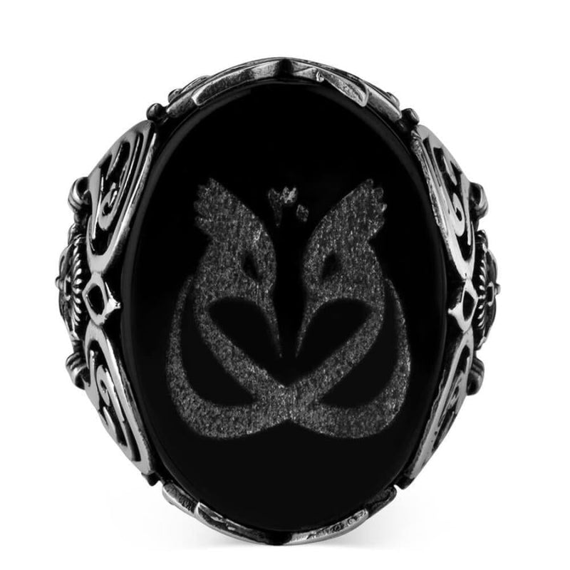 SULTAN'S ABULHAMID BLACK ONYX OTTOMAN COAT OF ARMS RING FOR MEN