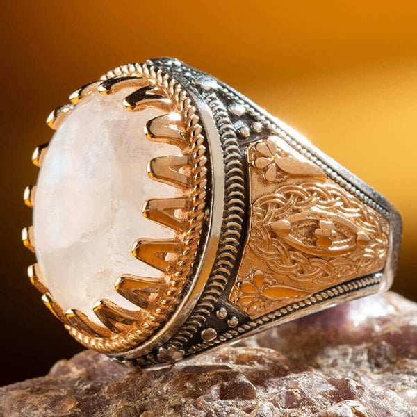 HANDMADE STERLING WHITE AGATE TURKISH RING FOR MEN