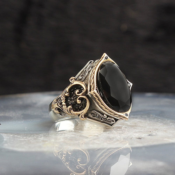 HANDMADE STERLING SILVER BLACK ZIRCON TURKISH RING FOR MEN