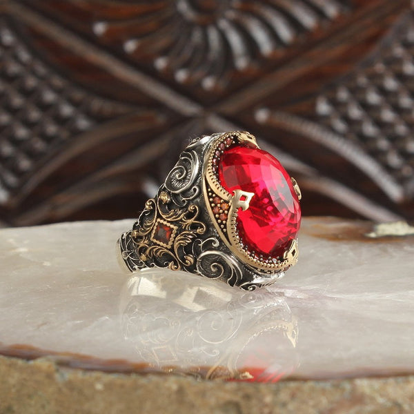 HANDMADE STERLING SILVER RED ZIRCONIA TURKISH RING FOR MEN