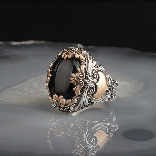 HAND CRAFTED STERLING ONYX TURKISH RING FOR MEN