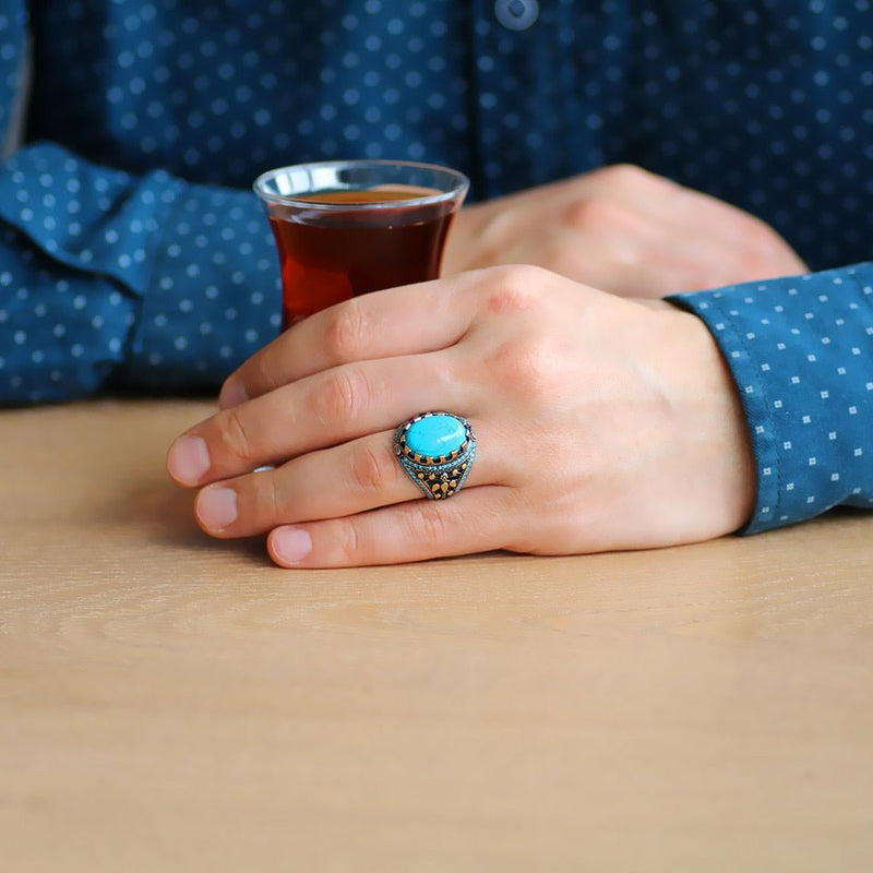 HANDMADE STERLING SILVER TURKISH TURQUOISE RING FOR MEN